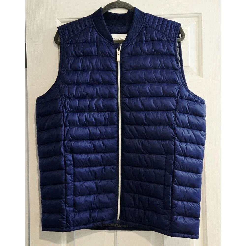 Calvin Klein Puffer Vest Mens Large Blue Quilted Rib Collar Full Zip Lightweight